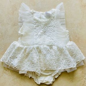White lace baby onesie and bow head band  . Perfect for baptism . 9 months